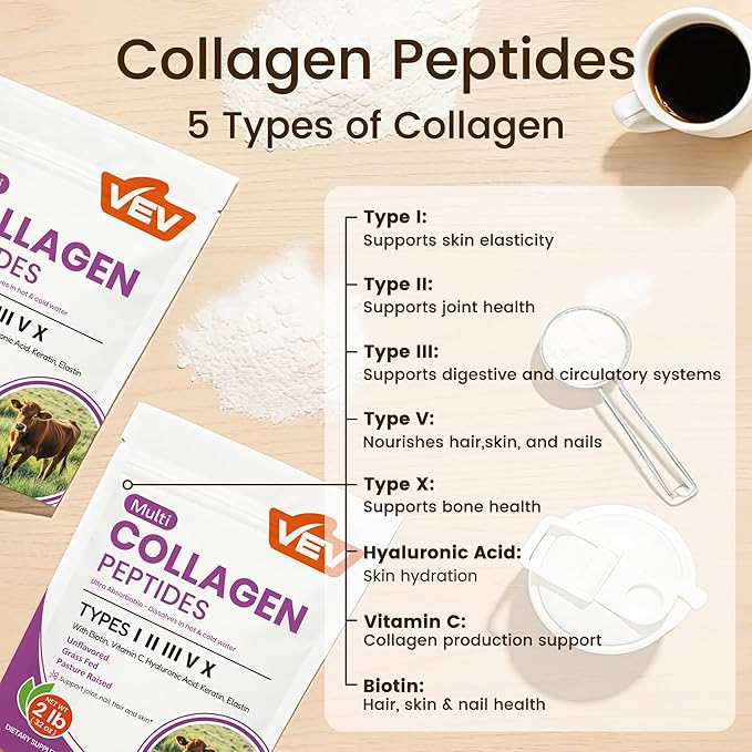 VEV Multi Collagen Peptides Powder with Types I II III V X 32 oz (82 Servings) - Skin Joint &amp Hair Support - Hydrolyzed Collagen Powder for Women Biotin Vitamin C Unflavored Dissolves Ea