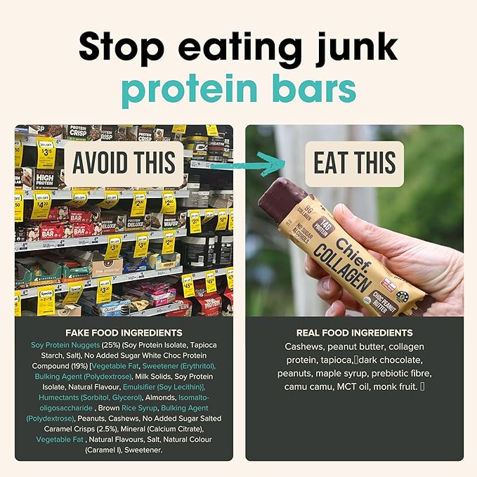 Chief Collagen Protein Bar Choc Peanut Butter 100% Natural Ingredients Keto &amp Paleo Friendly Snack Gluten Free &amp Low Sugar 12 Pack