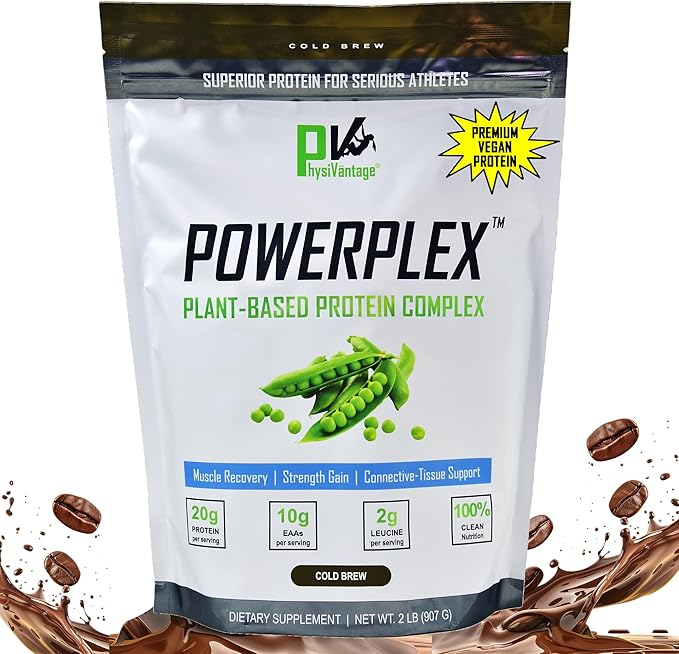 PhysiVantage POWERPLEX Vegan Protein Powder Collagen Alternative - Organic Plant-Based Pea &amp Rice Protein Dairy-Free Muscle &amp Joint Support Monk Fruit Sweetened 2 lb (Cold Brew - Mocha Fla