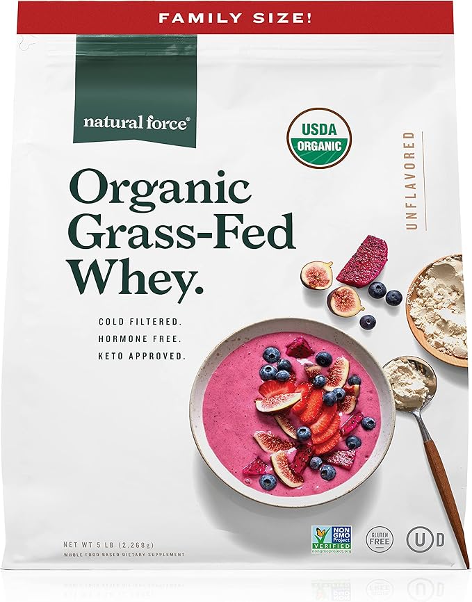 Natural Force Grass Fed Organic Whey Protein Powder 5 Pound A2 Protein Pure Organic Bone Broth Protein Powder 10.8 oz