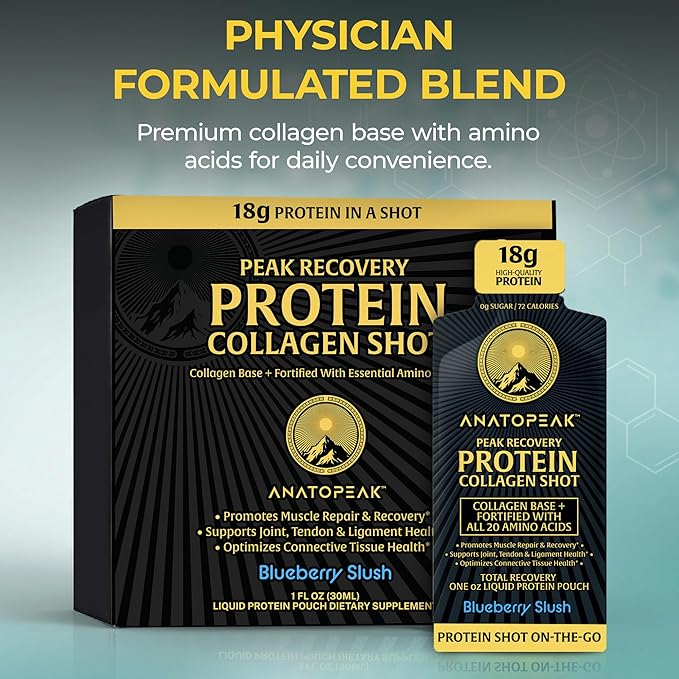 Peak Recovery Protein Collagen 1oz Shot Easy Protein Shots Protein Shots Liquid Collagen Collagen Peptides Protein Drinks 24 Ct Pouches Per Box (Natural Blueberry)