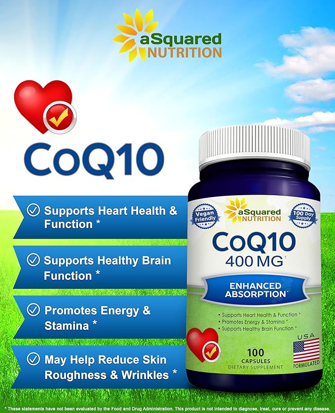 aSquared Nutrition CoQ10 (400mg Max Strength 100 Veggie Capsules) - High Absorption Coenzyme Q10 Powder - Ubiquinone Supplement Pills Extra Antioxidant CO Q-10 Enzyme Vitamin Tablets Coq 10 400 mg