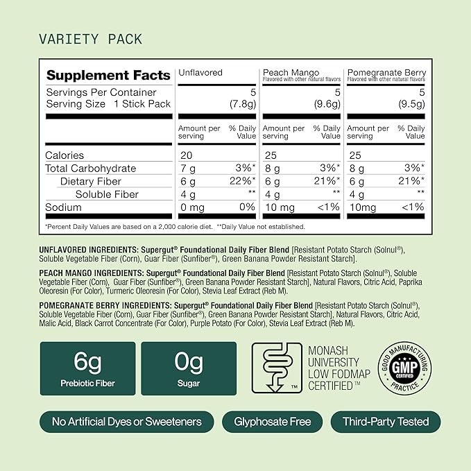 Supergut Foundational Daily Fiber Vegan &amp Sugar Free Prebiotic Powder Blend for Gut Health &amp Digestive Support Plant Based Supplement for Men &amp Women with 6g of Fiber Variety Pack 15 S