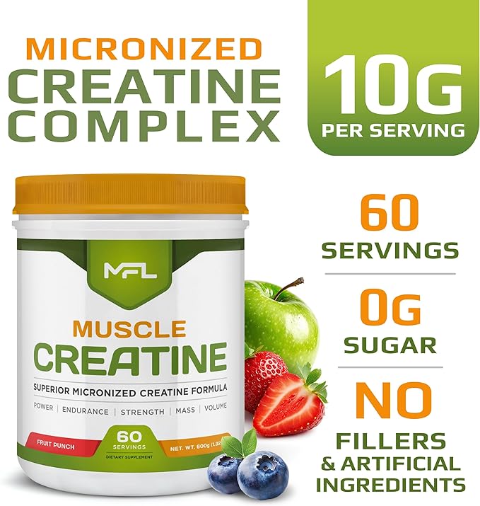 MFL Muscle Creatine | 3 Forms of Micronized Creatine | 10g | 0 Sugar | Sweetened with Stevia | All-Natural | 60 Servings (Fruit Punch)