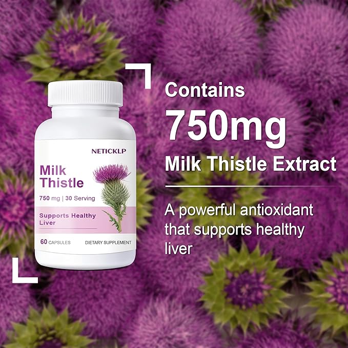 NETICKLP 750mg Milk Thistle Supplement - Organic Milk Thistle Extract for Healthy Liver Herbal Wellness Support Non-GMO Gluten-Free 60 Capsules