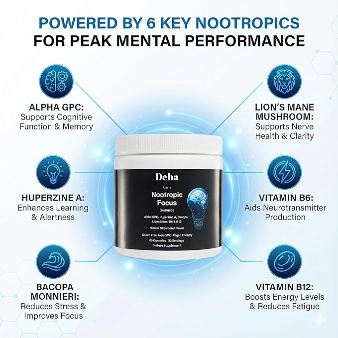 Deha Focus Gummies Nootropic Brain Supplement with Vitamin B6 Vitamin B12 Alpha GPC Huperzine A Bacopa Monnieri Lions Mane Mushroom Gummies – Vegan Non-GMO Gluten-Free – 60 Gummies