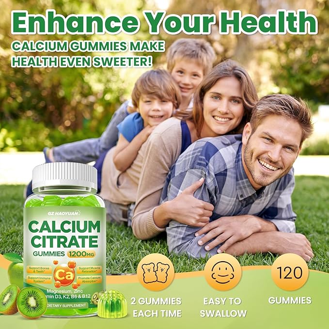 Calcium Citrate Gummies - 1200mg Calcium Gummies Supplements for Women &amp Men with Vitamin D3 K2 Magnesium Zinc High Absorption for Bone Muscle &amp Immune Support Apple &amp Kiwi Flavor 12