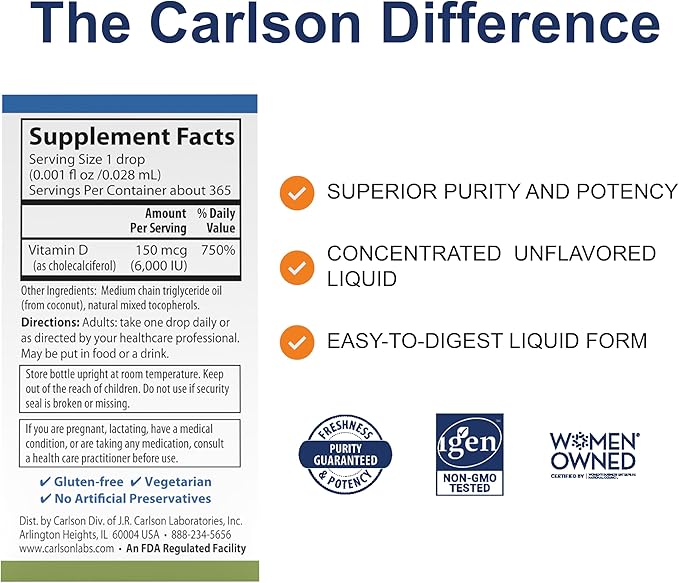 Carlson - Super Daily D3 6000 IU (150 mcg) per Drop Liquid Vitamin D3 1-Year Supply Non-GMO Unflavored 365 Vegetarian Drops (10.3 mL)