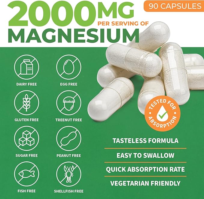 Forest Leaf Magnesium L-Threonate Magtein Capsules - 2000mg Magnesium Threonate Supplement Supports Cognitive Function Focus Brain Deep Calm and Sleep for Men &amp Women | 90 Powder Veg Caps