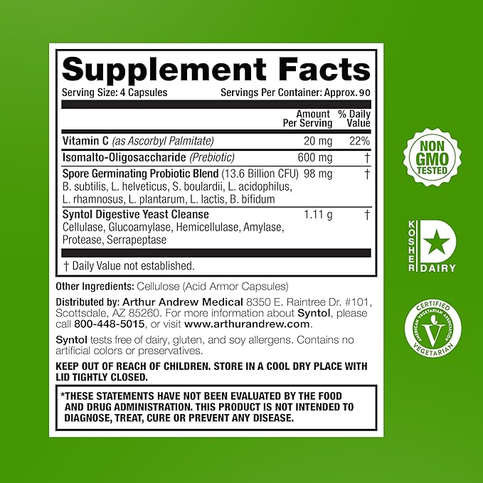 Arthur Andrew Medical Syntol 3-in-1 Formula with Probiotics Prebiotic Fiber &amp Yeast Cleansing Multi-Enzymes 360