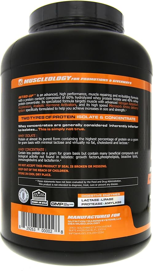 Muscleology Nitro-Up Hydrolyzed Whey Isolate Protein Infused with BCAAs EAAs and Digestive Enzymes (Cookies &amp Cream 5 Pound)