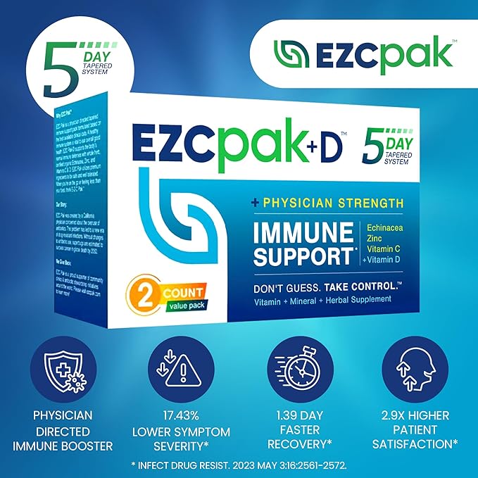 EZC Pak 5-Day Immune System Booster with Echinacea Vitamin C Zinc &amp Vitamin D - Tapered Immune Support Supplement for Adults - Supports Immunity Easy Travel-Size Supplement Pack - (Pack of 2)
