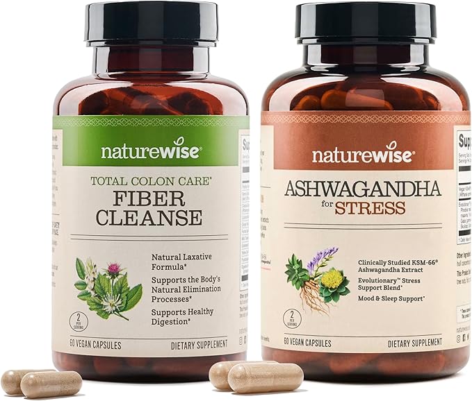 NatureWise [1] Total Colon Care Fiber Cleanse - Natural Laxative - 60 Capsules[30-Day Supply] + [1] Ashwagandha for Stress + GABA &amp L-Theanine - 60 Capsules[30-Day Supply]