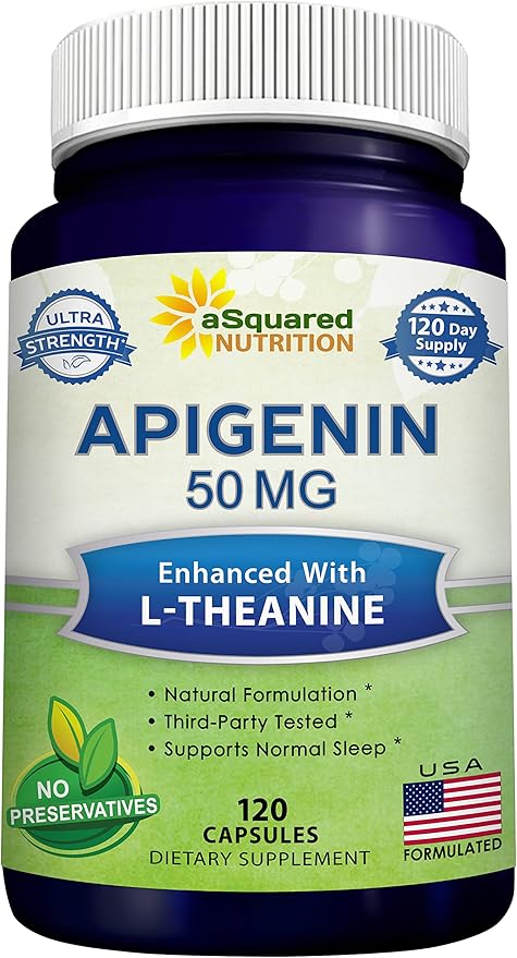 aSquared Nutrition Apigenin 50mg &amp L-Theanine 200mg - 120 Capsules - Apigenin Supplement Pills for Sleep and Relaxation - Natural Bioflavonoid Extract Found in Chamomile Tea