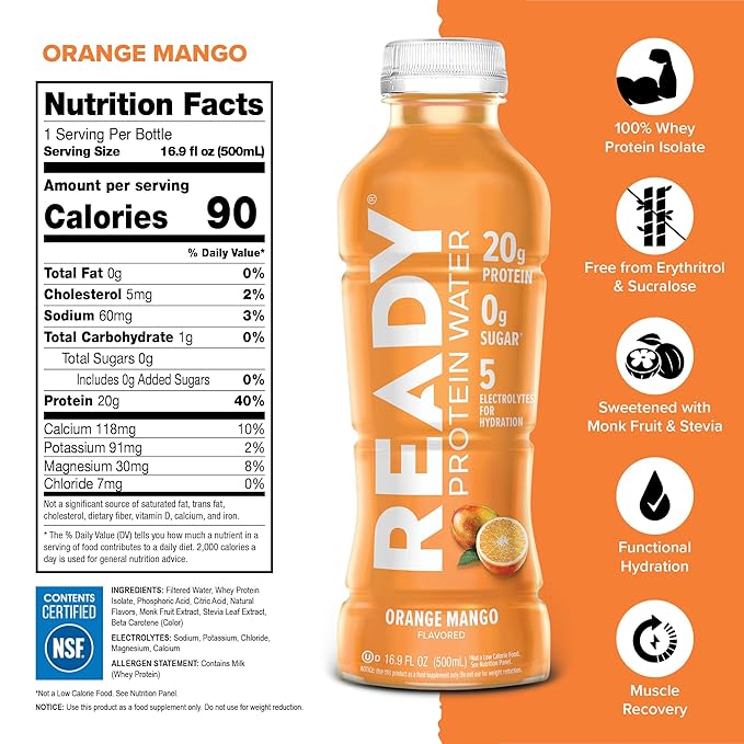 Ready® Clear Protein Water – 20g Whey Protein Isolate Zero Sugar Low-Calorie Sports Drink for Hydration &amp Recovery – Electrolytes Essential Amino Acids – Orange Mango 16.9 fl oz Bottles (12-Pa