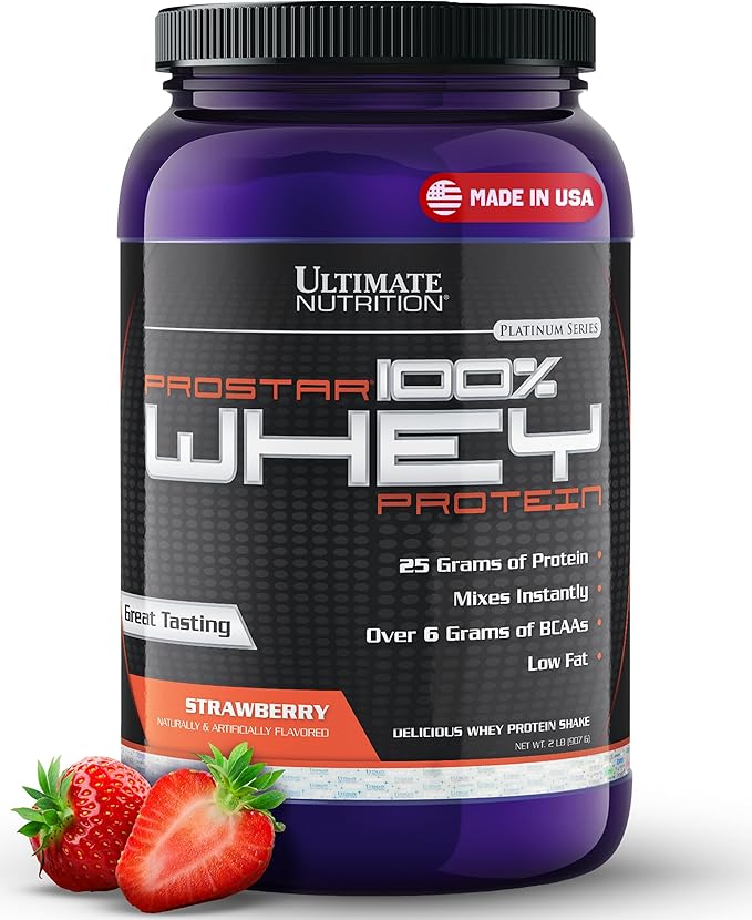 Ultimate Nutrition Prostar Whey Protein Powder Isolate Strawberry - Low Carb High Protein Powder Shake for Muscle Gain &amp Recovery - Low Sodium Low-Fat &amp Keto Friendly - 2 lbs Tub