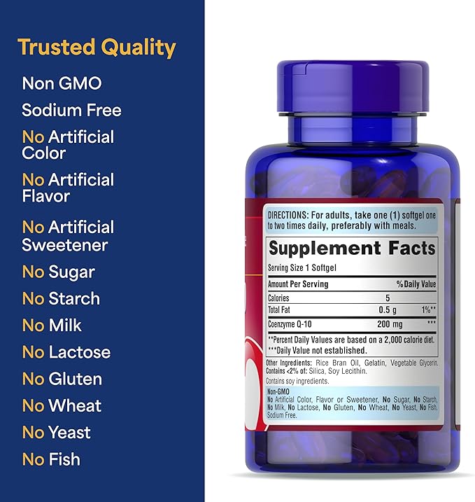 Puritan's Pride Coenzyme CoQ10 200mg Dietary Supplement for Heart Health Blood Pressure Oral Gum Health and Healthy Aging Support 120 Servings Rapid Release Softgels