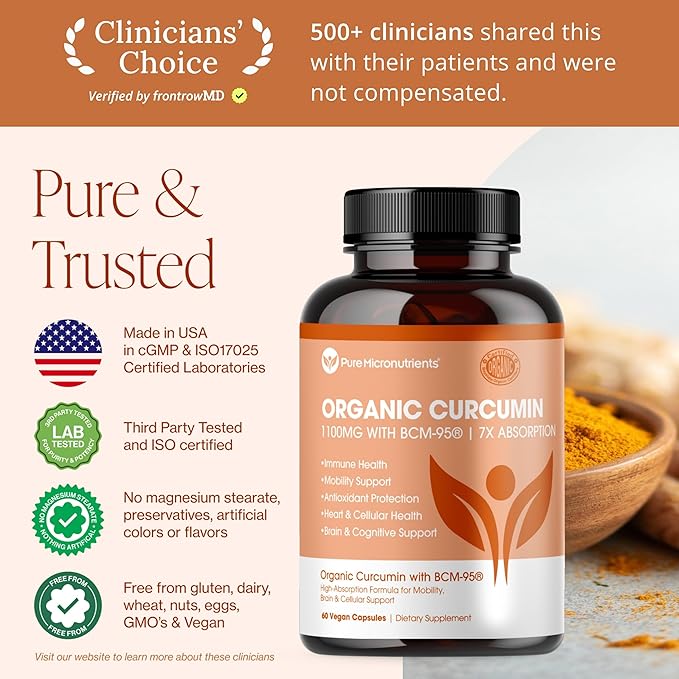 Organic Turmeric Curcumin with Black Pepper &amp BCM-95 - for Inflammatory Support Brain &amp Immune Health - 60 Vegan Turmeric Capsules 1000mg Per Serve - Herbal Curcumin Supplements