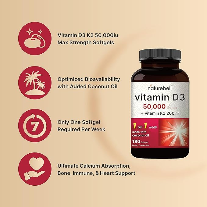 NatureBell Vitamin D3 50000 IU with Vitamin K2-180 Softgels - High-Potency Bone &amp Immune Support* - Easy Absorption with Coconut Oil - Non-GMO &amp Gluten-Free