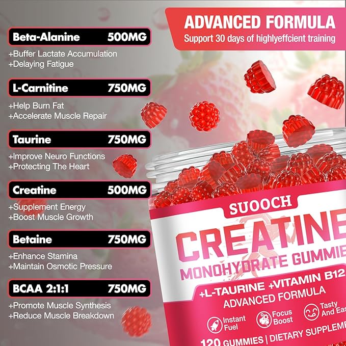 Creatine Gummies for Women &amp Men Strawberry Flavor Creatine Monohydrate Gummies for Exercise Fitness Training Work &amp Travel 120 Count Delicious Chewable Gummy Portable
