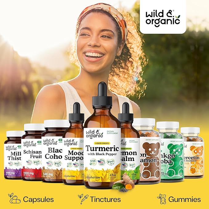 Wild &amp Organic Turmeric Supplement Liquid Drops - Movement &amp Immune Support - Liquid Turmeric with Black Pepper Extract - Add to Tea Tincture - Curcumin Supplements - Sugar &amp Alcohol-Free