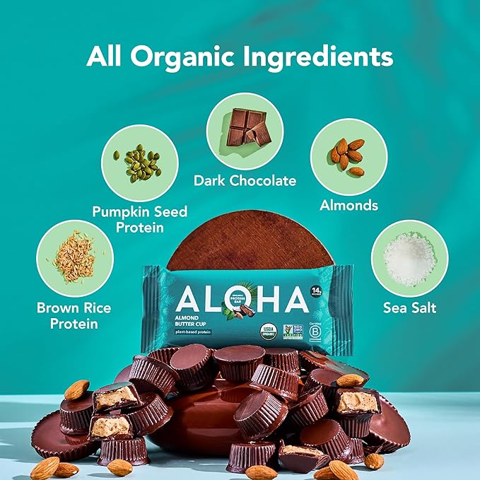 ALOHA Organic Plant Based Protein Bars - Almond Butter Cup - 12 Bars Vegan Low Sugar Gluten-Free Paleo Low Carb Non-GMO No Stevia No Erythritol