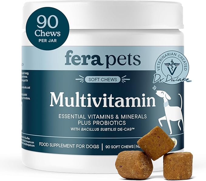 Fera Pets Dog Multivitamin Chews with Glucosamine and Probiotics - Essential Dog Vitamins &amp Minerals - Promotes Healthy Digestion &amp Joints - Boosts Skin &amp Coat Health with Omega-3s - 90 So