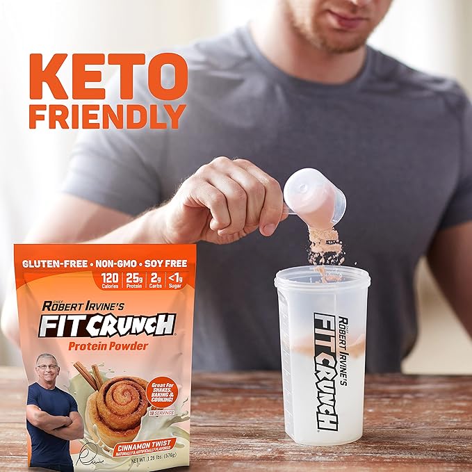 Fit Crunch Tri-Blend Whey Protein Keto Friendly Low Calories High Protein Gluten Free Soy Free (18 Servings Cinnamon Twist)