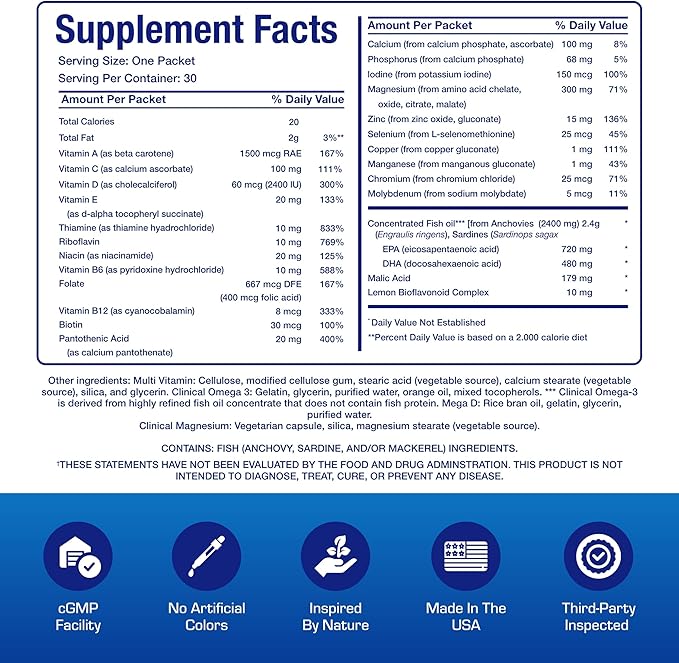 All in One Vitamin Packs for Women &amp Men - Clinically Formulated Men &amp Women's Womens Over 50 Multivitamin with Omega 3 Magnesium Vitamin D3 &amp Citrus Bioflavonoids - 1 Month Supply