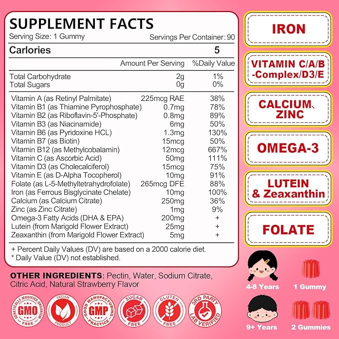 180 Count | Iron Gummies for Kids Kids Multivitamin with Calcium Zinc Folate Omega-3 &amp Lutein Support Energy Immnity Iron Deficiency Anemia &amp Brain Health Vegan Sugar-Free Strawberr