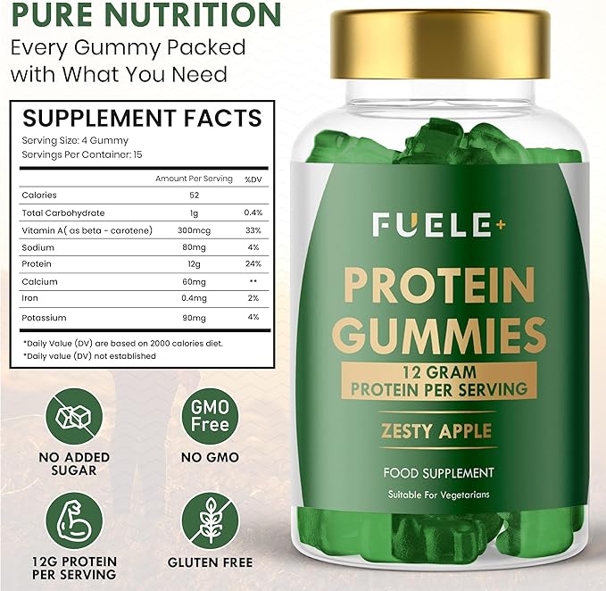 Whey Protein Gummies - Zesty Apple Flavour 12g Protein per Serving - Protein Powder Alternative Vegetarian Convenient Whey Protein Supplement (60 Zesty Apple)