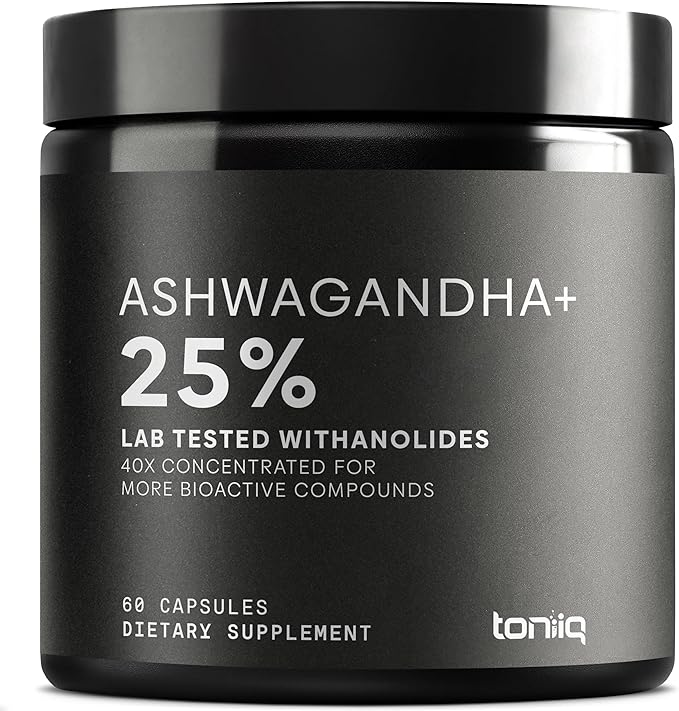 Toniiq Ashwagandha - Ultra High Potency 40:1 Extract with 25% Withanolides - Wild Harvested in India - Highly Concentrated &amp Third-Party Lab Tested - 60 Capsules