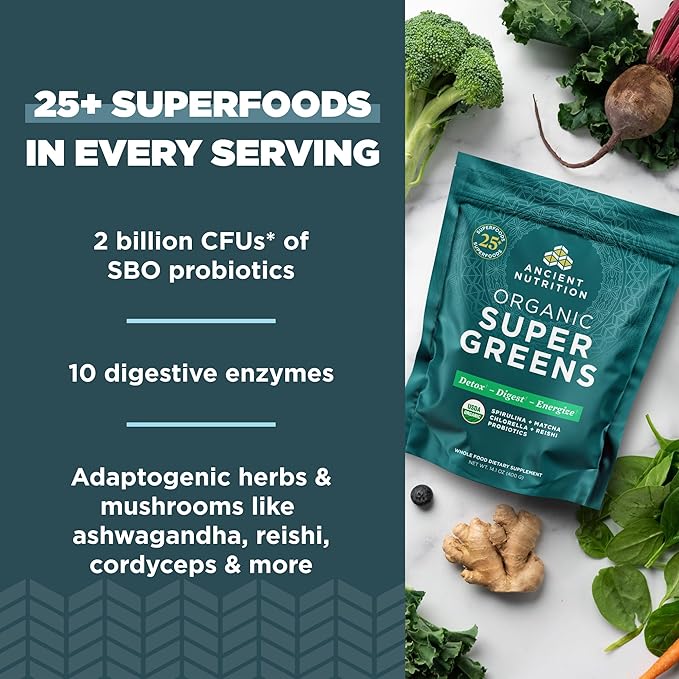 Ancient Nutrition Multi Collagen Peptides Protein Powder Unflavored 100 Servings + Organic Supergreens Powder Unflavored 50 Servings