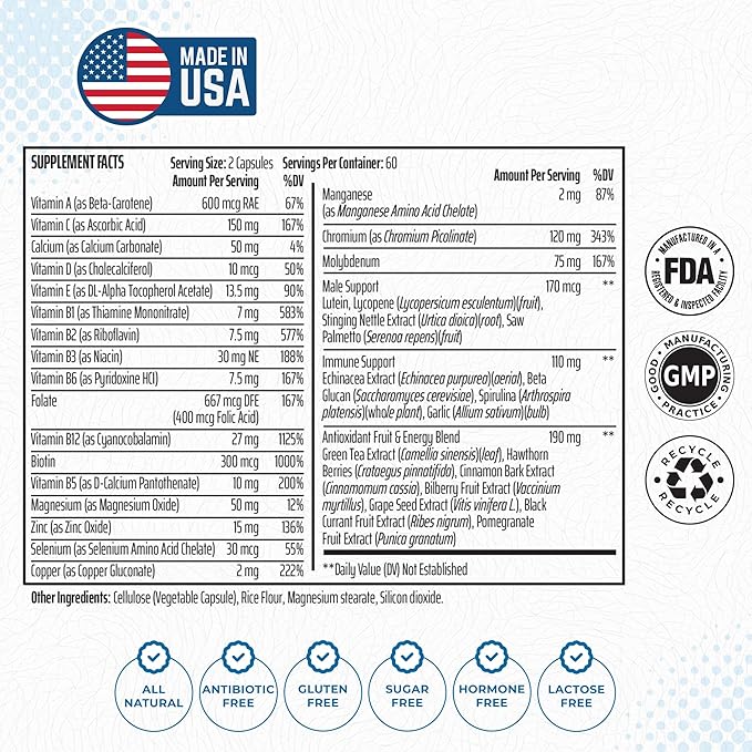 Foods For Gut Men's Multivitamin Formula | 120 Vegetarian Capsules | with Zinc Manganese &amp Calcium | Multivitamins D C A E &amp B-Vitamins | All-in-One Multimineral &amp Multivitamin