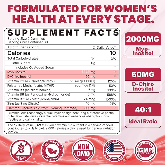 Inositol Gummies Supplement with Evening Primrose Oil for Women - 40:1 Ratio Myo-Inositol 2000mg &amp D-Chiro Inositol 50mg with VIT D3 B12 &amp Zinc Sugar-Free for Natural Balance Vegan (120ct)