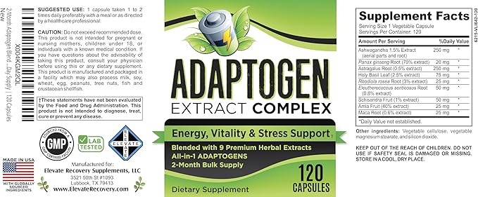 2-Month Adaptogen Supplement (9-in-1) Adaptogenic Complex with Ashwagandha Panax Ginseng Rhodiola + More | Herbal Extract Blend | Adaptogen Supplements | 60-Day Bulk Supply | 120 Capsules