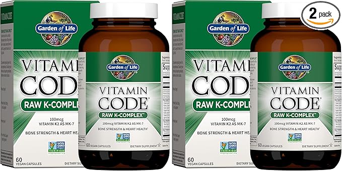 Garden of Life Vitamin K2 and K1 Vitamin Code Vegan K Complex for Bone Strength and Heart Health Omega Rich Flax Seed Oil Trace Minerals Probiotics 60 Day Supply (Pack of 2)