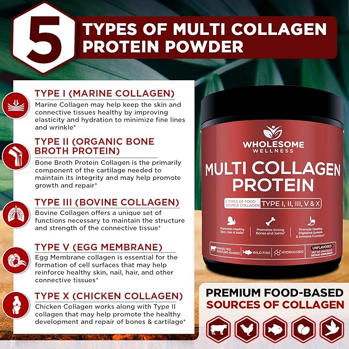 Wholesome Wellness Premium Multi Collagen Peptides Protein Powder for Women and Men 5 Types of Hydrolyzed Collagen Grass-Fed Non-GMO &amp Unflavored Pure Protein for Youthful Skin &amp Joint Rec