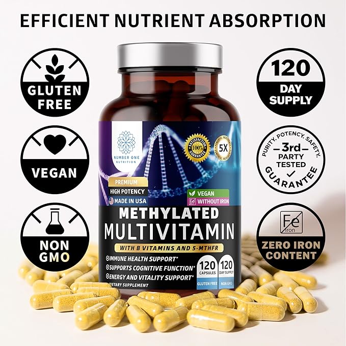 Number One Nutrition Methylated Multivitamin for Women &amp Men Natural Daily Multivitamins with Folate Vitamin B12 Vitamin B2 and B6 Non-GMO Gluten-Free 120 Caps