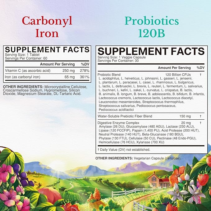 Vitalitown Probiotic + Iron Supplement Bundle | Probiotics 120 Billion (Item 1) &amp 65mg Iron Suplement (Item 2) | Gut Bone Muscle Blood Building Energy | Vegan | 30 Capsules &amp 60 Tablets