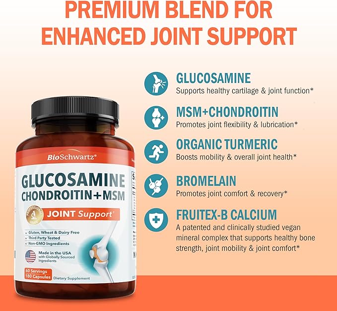 Glucosamine Chondroitin MSM Joint Support Supplement - Collagen Peptides Turmeric and Ginger Hyaluronic Acid Glucosamine Chondroitin Sulfate for Joint Comfort - Gluten Free Non GMO 180 Capsules