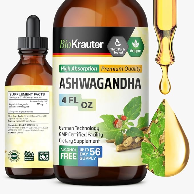 BIO KRAUTER® Ashwagandha Supplements - Liquid Drops Pure Vegan Ashwagandha for Women &amp Men 685 mg per Serving 4 Fl.Oz 56-Day Supply - Used for Mood Magic &amp Relaxation Support - Alcohol &amp S