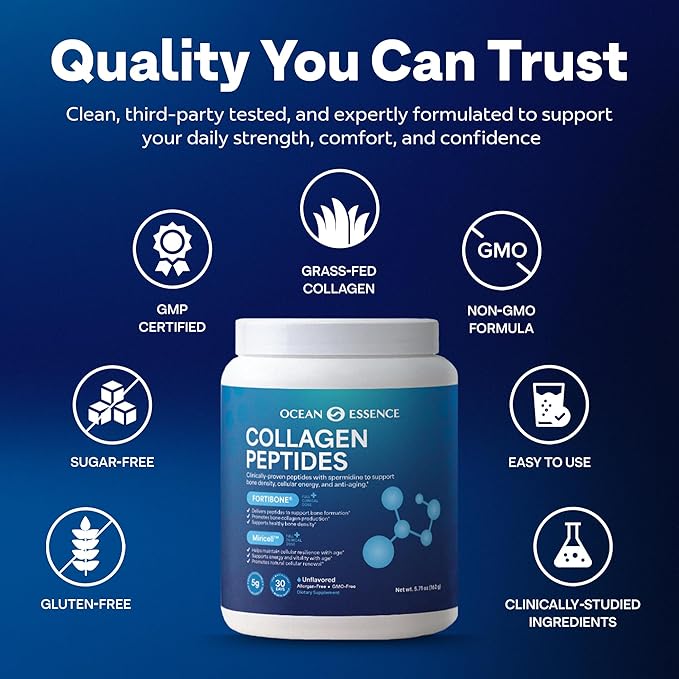OCEAN ESSENCE Collagen Peptides for Bone Health with Fortibone Vitamin K2 &amp Miricell – Bone Density Support Healthy Aging Easy-Dissolve Collagen Powder for Adults Unflavored Made in USA