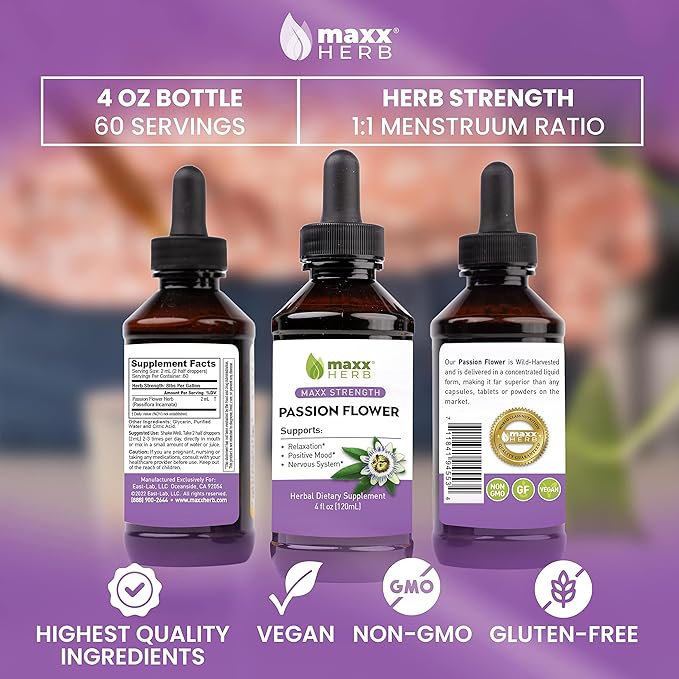 Maxx Herb Passion Flower Extract - Max Strength Passion-Flower Liquid Absorbs Better Than Capsules for Relaxation and Stress Relief Alcohol-Free - 4 Oz Bottle (60 Servings)