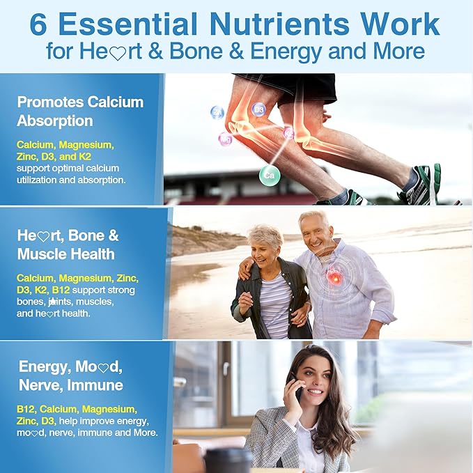6-in-1 Liposomal Vitamin D3 K2 Calcium Supplement - Plant Based Calcium 600mg with Vegan Vitamin D3 5000 iu + Vitamin K K2 MK7 + B12 Algae Ca-lcium Magnesium Zinc for Bone Softgels 2 Pack