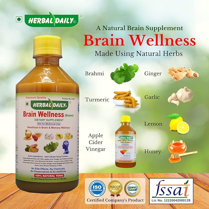 Brain Wellness Syrup Brain Supplement for Memory and Focus Made with Natural Herbs Brahmi Garlic Ginger Turmeric Lemon Honey and Apple Cider Vinegar 400ml 1 Bottle