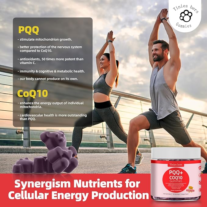 PQQ Gummies Supplement 40mg CoQ10 Gummies 100mg for Adults Two Ways Support Cellular Energy &amp Brain Nerve Heart Immune Health Antioxidant Non GMO Gluten Free Vegan Sugar Free Grape 120