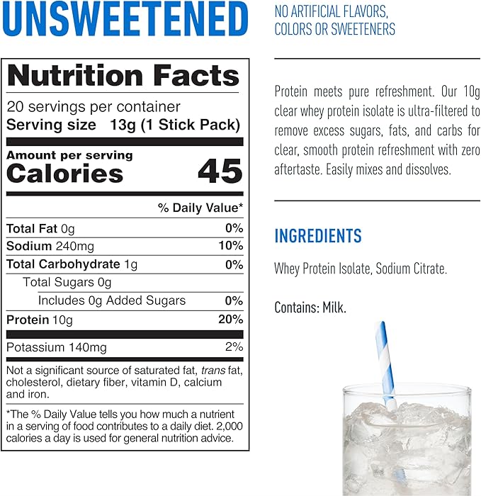 Isopure Clear Protein Stick Pack Unflavored 20 Count (Pack of 1)