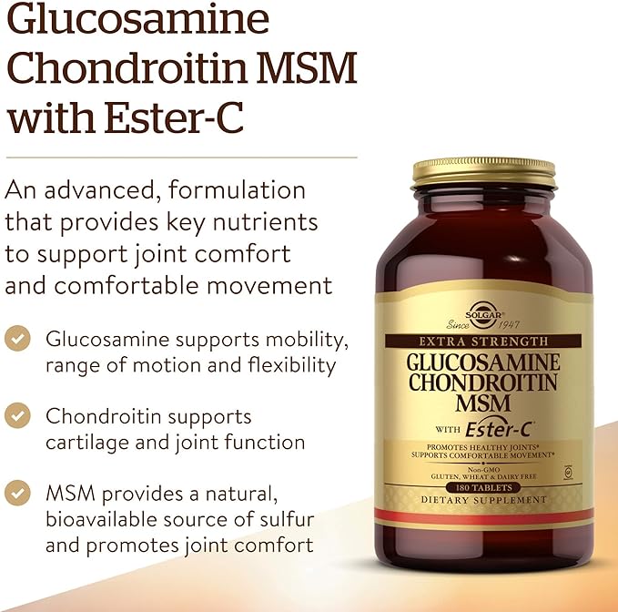 Solgar Extra Strength Glucosamine Chondroitin MSM w/Ester-C 180 Tablets - Promotes Healthy Joints Supports Comfortable Movement &amp Collagen Formation - Non-GMO Gluten No Dairy No - 60 Servings