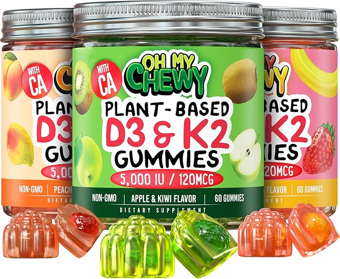 D3K2 Gummies Variety Pack – 3 Bottles (60 Each) – Strawberry Banana Apple Kiwi &amp Peach Mango